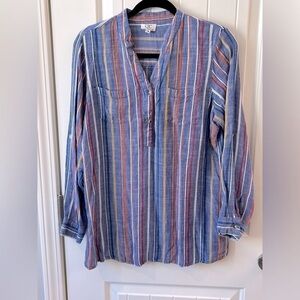 Chic Collection Striped Casual Button-Down Shirt Split Neckline Size M